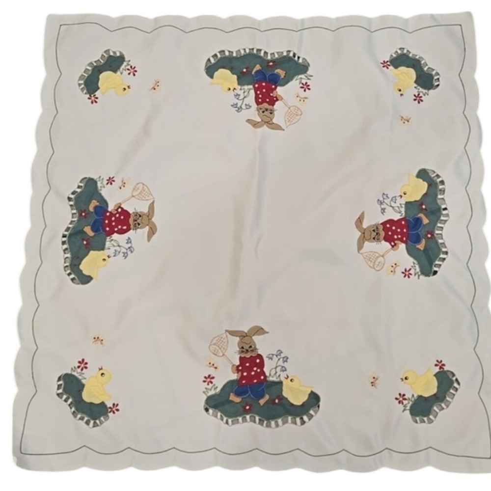 Vintage Easter Bunny Chick Embroidered Tablecloth Scalloped Edge Square 32x32